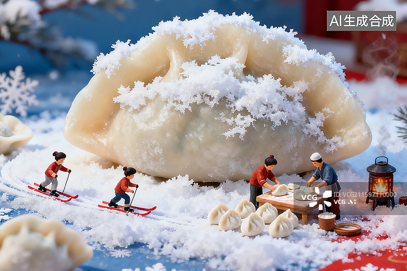 【AI数字艺术】冬至海报 冬至包水饺 微缩摄影 滑雪 雪景 下雪图片素材