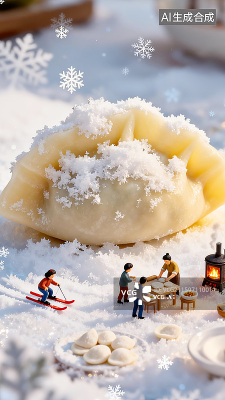 【AI数字艺术】冬至海报 冬至包水饺 微缩摄影 滑雪 雪景 下雪图片素材