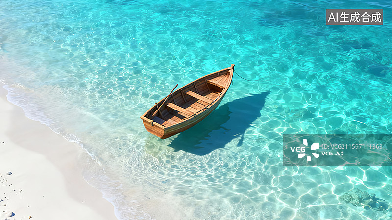 【AI数字艺术】木船停泊在清澈海水旁图片素材