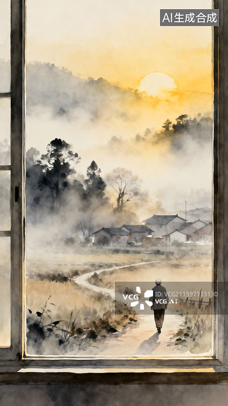 【AI数字艺术】窗外清晨田园风光与老人的背影图片素材