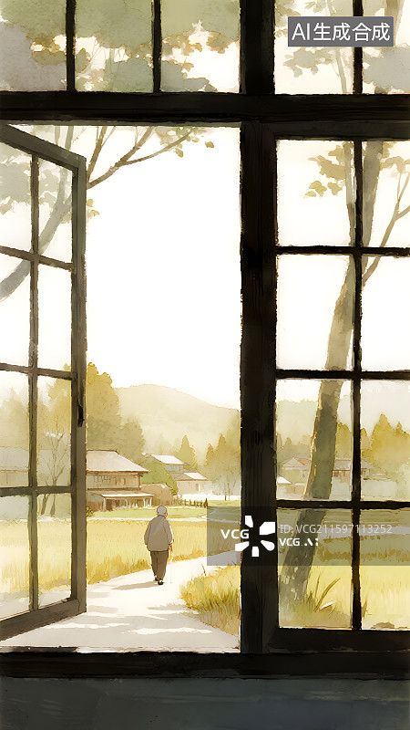 【AI数字艺术】窗外清晨田园风光与老人的背影图片素材