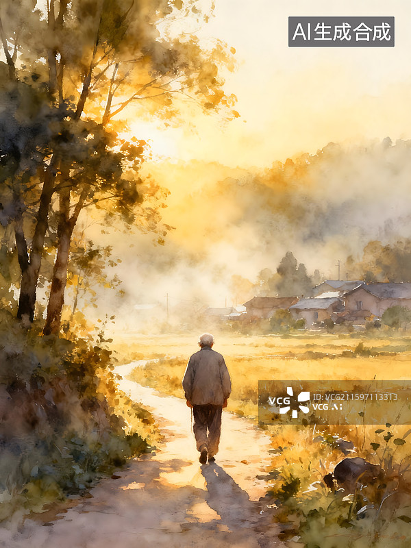 【AI数字艺术】窗外清晨田园风光与老人的背影图片素材