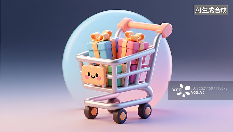 【AI数字艺术】电商购物车里的礼物三维渲染图片素材