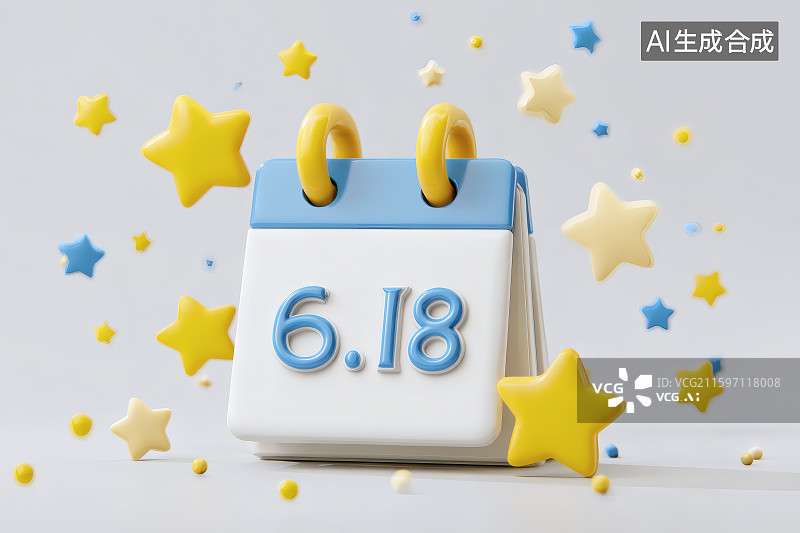 【AI数字艺术】桌上的台历显示6月18号，购物节，星星点缀图片素材