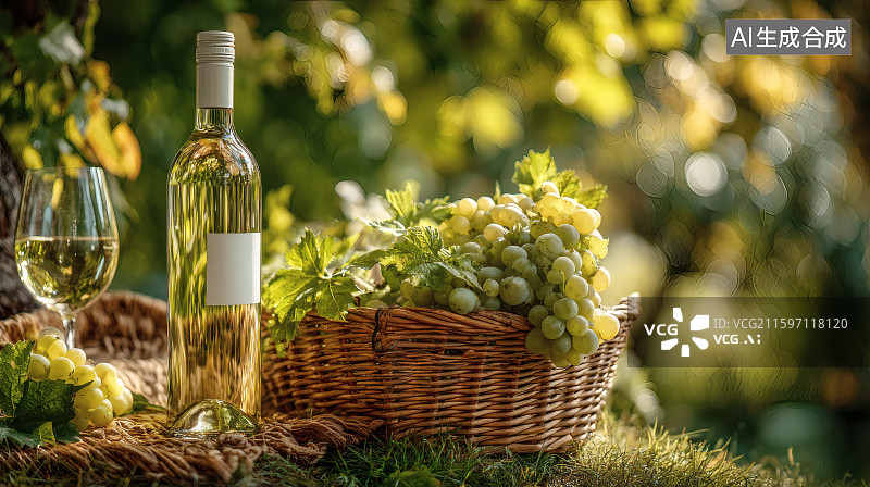 【AI数字艺术】阳光照射在草地，篮子里的葡萄与白葡萄酒图片素材