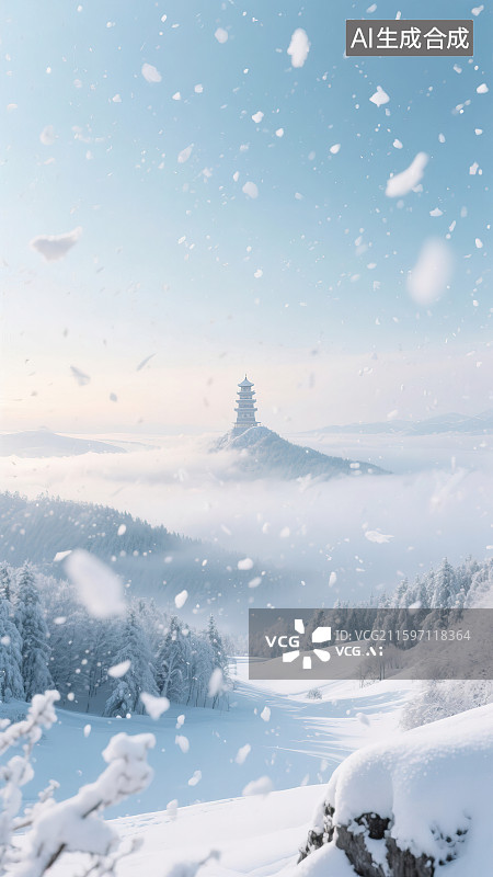 【AI数字艺术】冬天24节气写实摄影风格新国风美景中式诗词意境唯美场景空旷平原大地鹅毛大雪漫天纷飞寒冷大风山顶高塔图片素材