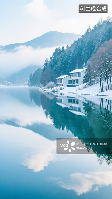 【AI数字艺术】冬天24节气写实摄影风格新国风度假区别墅民宿高级酒店建筑山峰森林树木空气清新湖水面倒影蓝天白云雾气图片素材