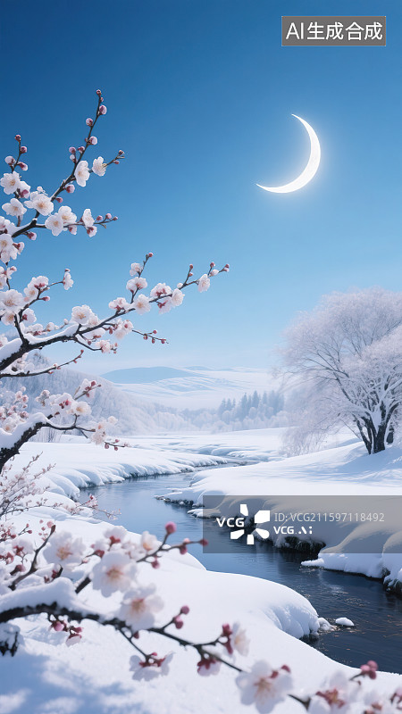 【AI数字艺术】冬天24节气写实摄影风格新国风清新自然风景 河流岸边厚层积雪梅花树盛开绽放 天空月牙月光水面倒影图片素材