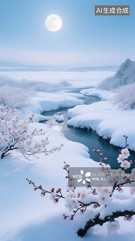 【AI数字艺术】冬天24节气写实摄影风格新国风清新自然风景 河流岸边厚层积雪梅花树盛开绽放 天空满月圆月光水面倒影图片素材