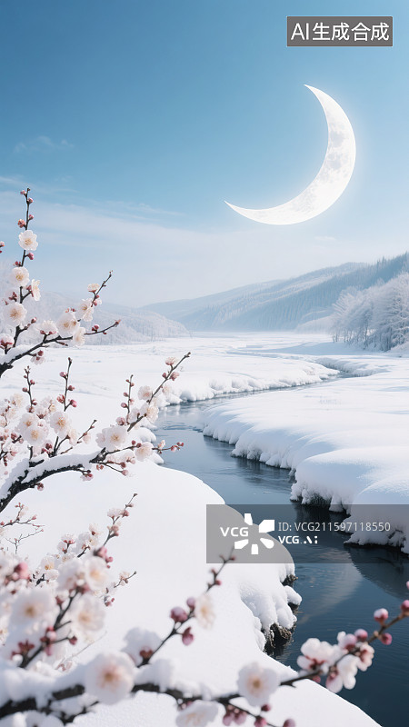 【AI数字艺术】冬天24节气写实摄影风格新国风清新自然风景 河流岸边厚层积雪梅花树盛开绽放 天空月牙月光水面倒影图片素材
