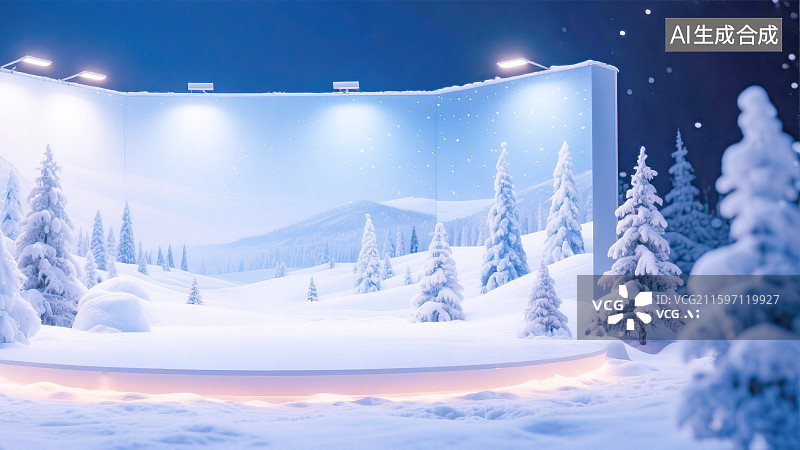 【AI数字艺术】冬季户外电商产品展台海报模板背景展板空旷展示平台雪地雪景松树积雪下大雪场景雪花飘落灯光照明光亮图片素材