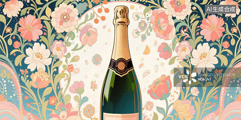 【AI数字艺术】香槟墨绿色玻璃酒瓶新国风新艺术装饰艺术风格花卉图案扁平手绘插画新年婚礼节日庆祝电商产品广告包装宣传图片素材