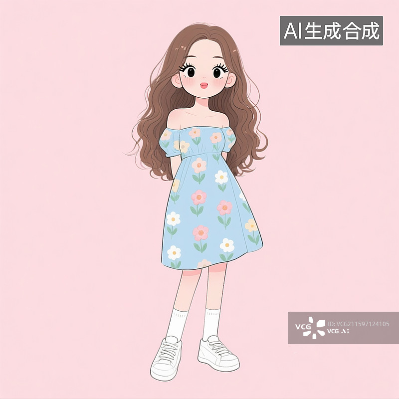 【AI数字艺术】浅粉色背景，时尚少女，长长的棕色卷发，浅蓝色的一字肩连衣裙图片素材
