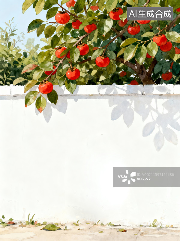 【AI数字艺术】白色围墙上面茂密的柿子树，结满红红柿子，白墙的边上挨着柿子边上写着:柿柿如意，治愈插画图片素材