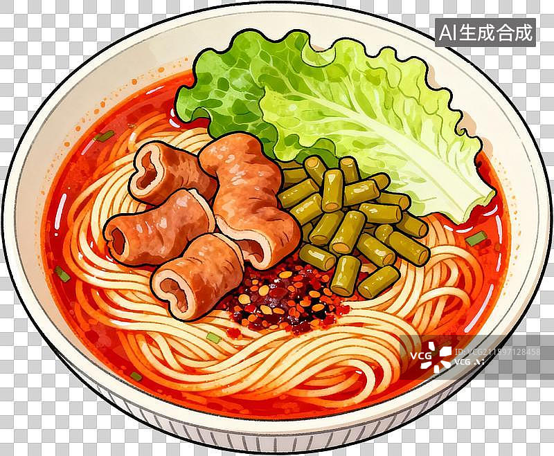 【AI数字艺术】手绘风格四川小面肥肠小面美食小吃抄手插画元素图片素材