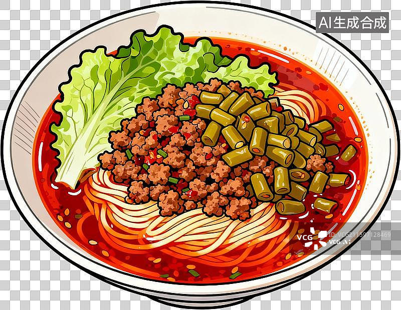 【AI数字艺术】手绘风格四川小面肥肠小面美食小吃抄手插画元素图片素材