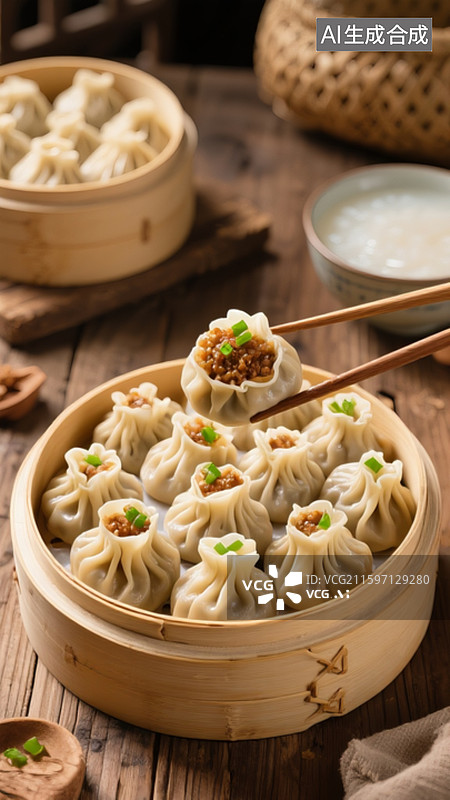 【AI数字艺术】糯米烧麦，竹制蒸笼里摆着满满当当的烧麦，其中一个被筷子夹起。图片素材