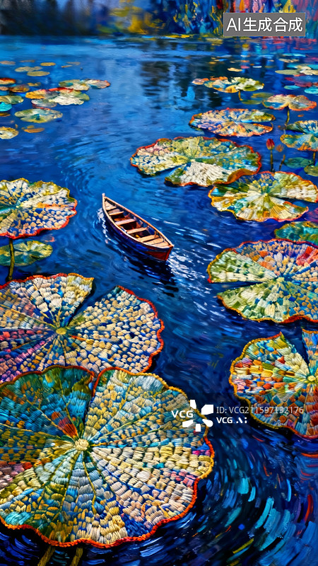 【AI数字艺术】睡莲池中的小船图片素材