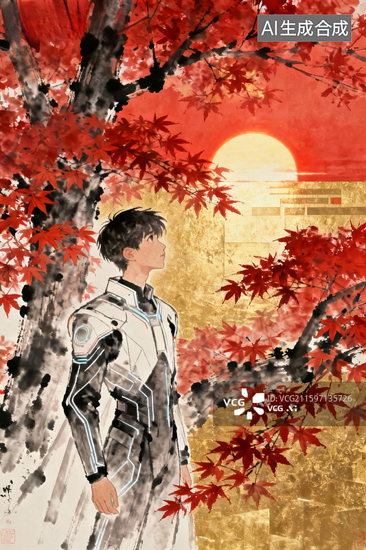 【AI数字艺术】秋日红叶下的女子图片素材