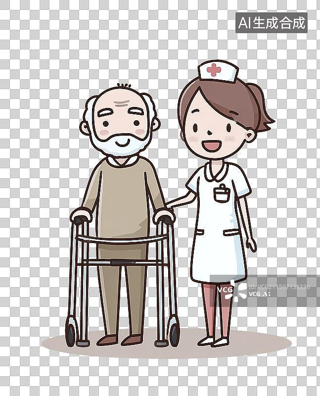 【AI数字艺术】卡通形象的护士陪伴着使用助行器的老人，展现出医疗场景中温馨的医护关爱与康复护理画面图片素材