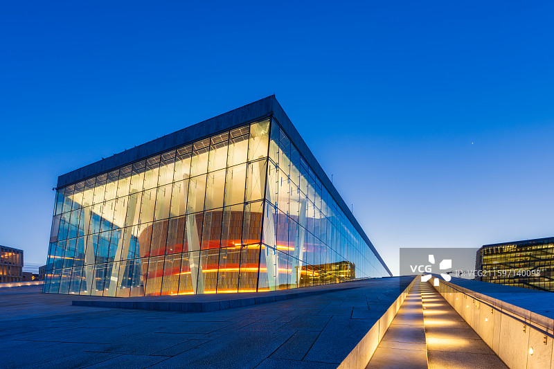 北欧，挪威首都，奥斯陆Oslo，克里斯蒂安尼亚，奥斯陆歌剧院，挪威国内最大的文化建筑，都市天际线夜景图片素材