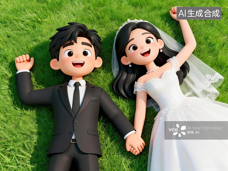 【AI数字艺术】婚礼新郎新娘躺在草坪上图片素材