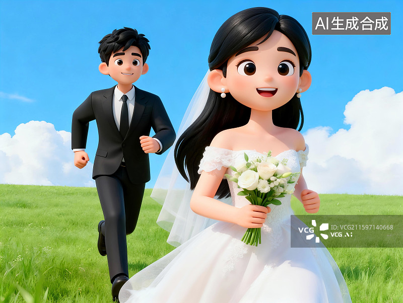 【AI数字艺术】草地上奔跑的新郎和新娘图片素材