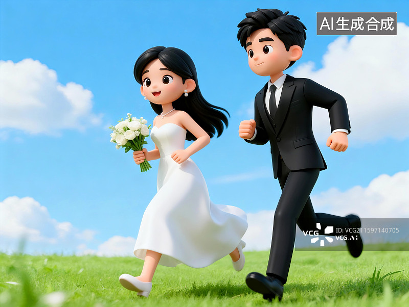 【AI数字艺术】草地上奔跑的新郎和新娘图片素材