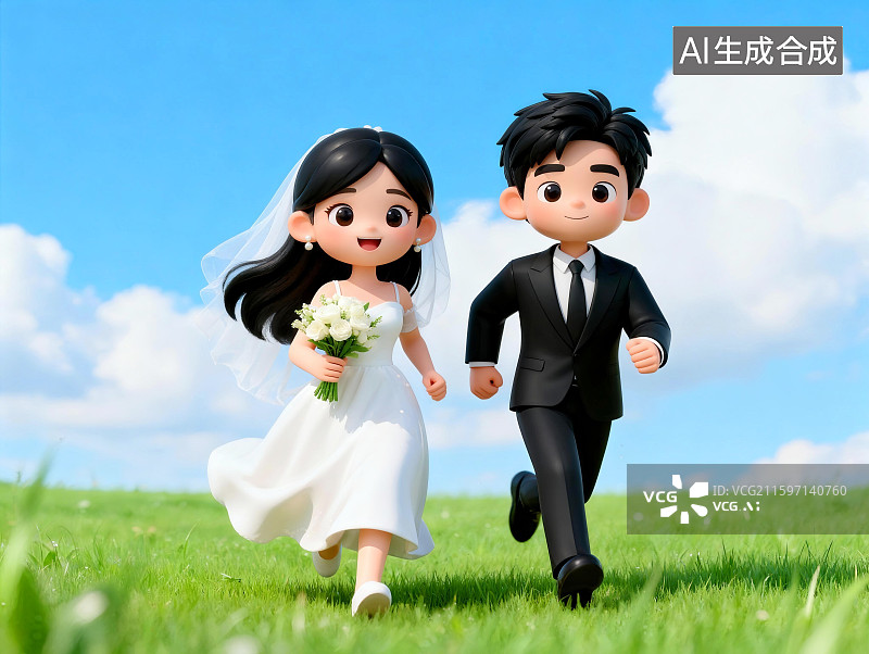 【AI数字艺术】草地上奔跑的新郎和新娘图片素材