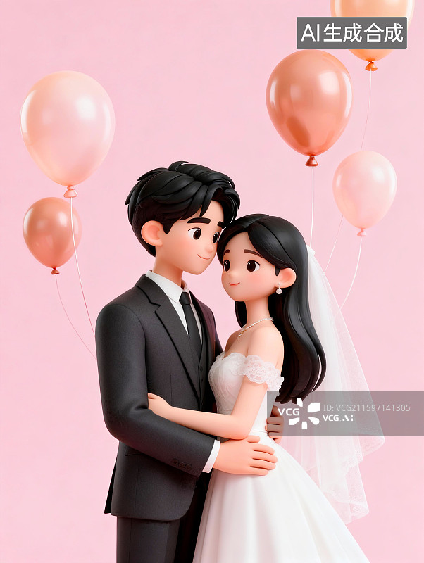 【AI数字艺术】浪漫气球氛围下拥抱的新郎新娘图片素材