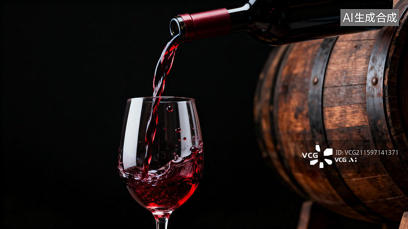 【AI数字艺术】木桶红酒玻璃高脚杯图片素材