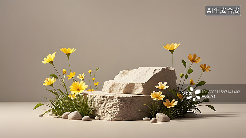 【AI数字艺术】小草坪石块展台浅粉色商品背景图片素材