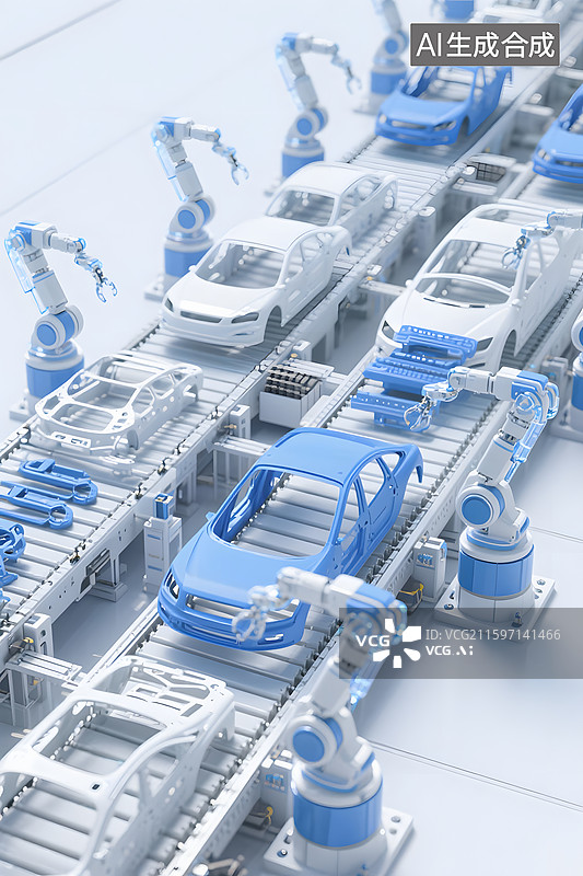 【AI数字艺术】全自动机械臂汽车工业产线卡通模型图片素材