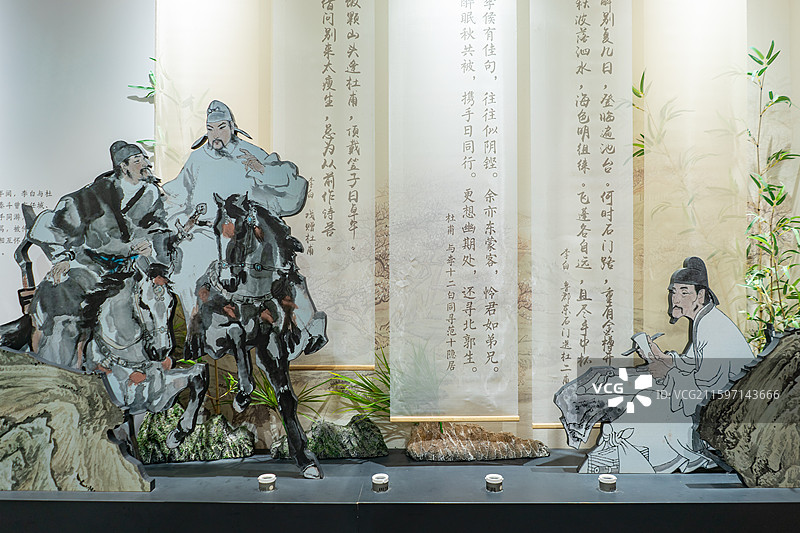 中国旅游景区拍摄主题，山东济宁任城区诗人李白在太白楼博物馆里的李白杜甫情，室内无人图像摄影图片素材