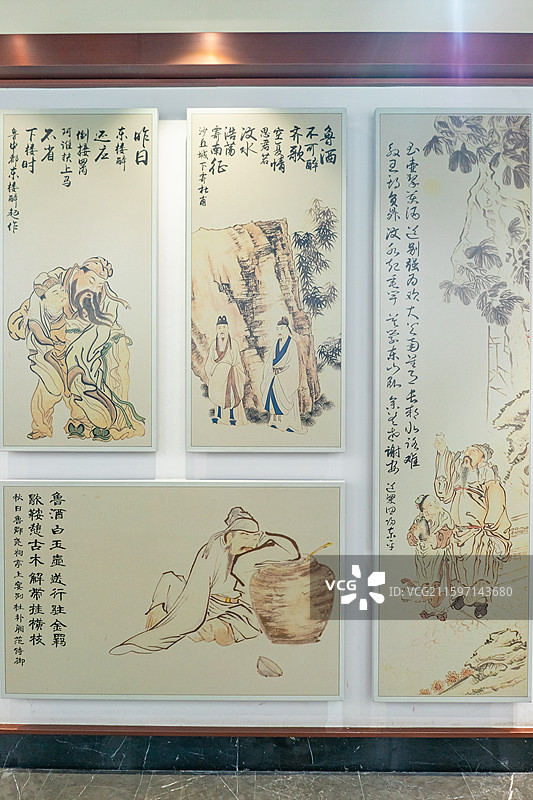 中国旅游景区拍摄主题，山东济宁任城区诗人李白在太白楼博物馆里的太白颂酒绘画插图，室内无人图像摄影图片素材