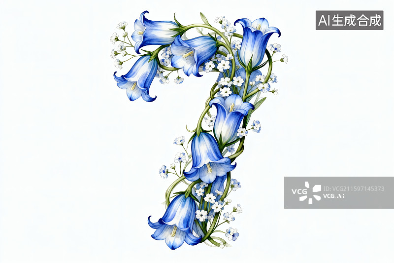 【AI数字艺术】白色背景，蓝色铃花和满天星组成的数字“7”图片素材