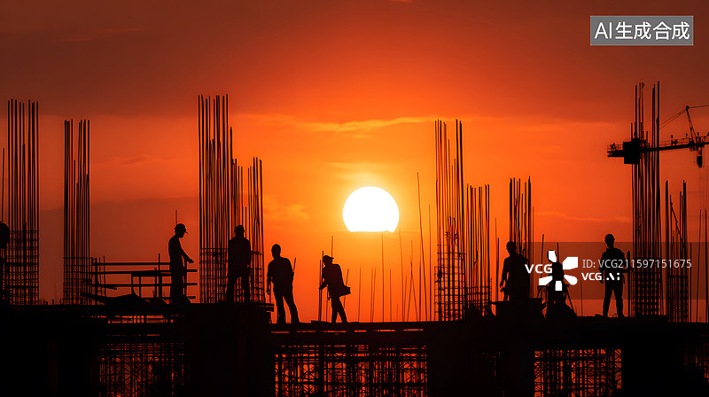 【AI数字艺术】夕阳下建筑工地上的工人图片素材
