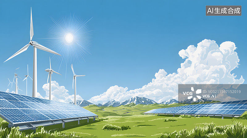 【AI数字艺术】新能源风力发电机太阳能图片素材