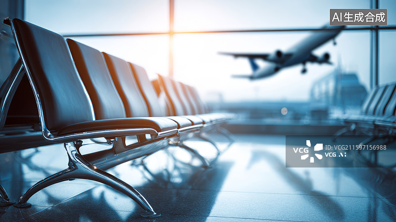 【AI数字艺术】机场候机区与起飞的飞机图片素材