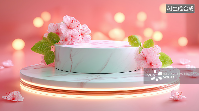 【AI数字艺术】大理石蛋糕台与樱花装饰图片素材