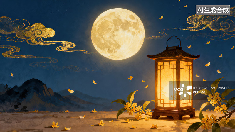 【AI数字艺术】月下灯笼与花影图片素材