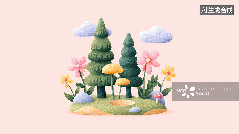 【AI数字艺术】茂密的树木和可爱花朵图片素材