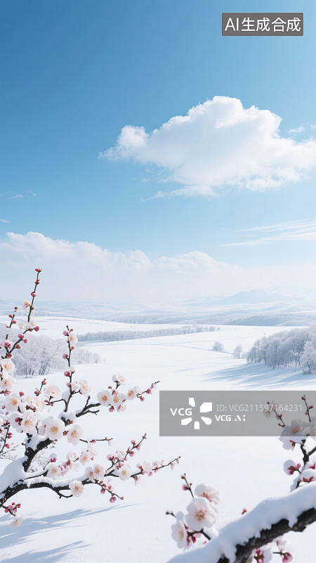 【AI数字艺术】深冬初春季节24节气写实摄影风格新国风清新自然风景辽阔空旷地上厚层积雪梅花树盛开绽放蓝天白云晴朗天气图片素材