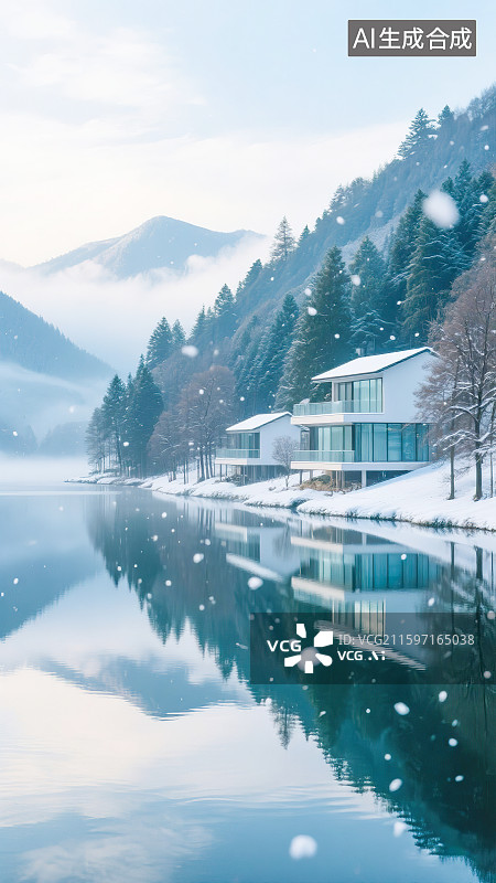 【AI数字艺术】冬天24节气新国风度假景区别墅民宿高级酒店建筑山峰森林树木空气清新湖水面倒影蓝天白云雾气下雪雪花飘落图片素材