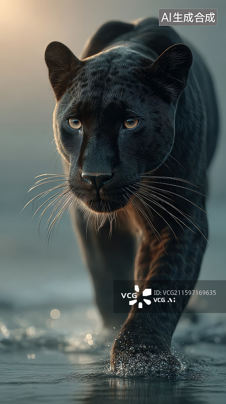 【AI数字艺术】晨曦中的黑豹漫步图片素材