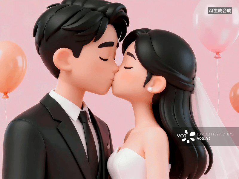 【AI数字艺术】浪漫气球氛围下亲吻的新郎新娘图片素材