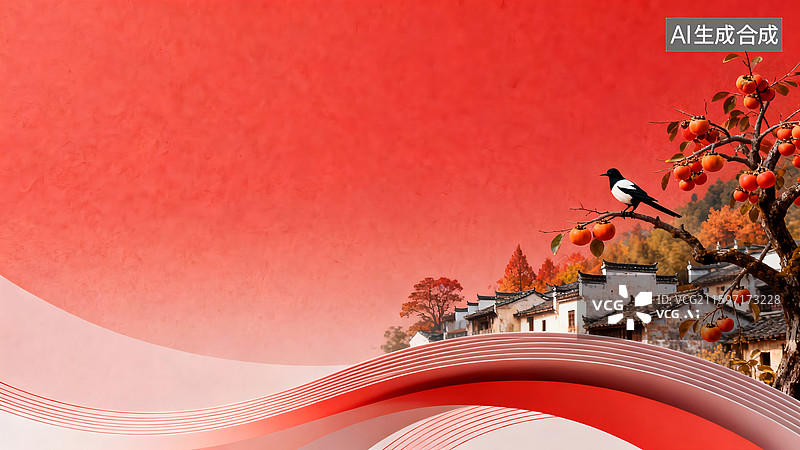 【AI数字艺术】白墙黛瓦徽派建筑民居柿子喜鹊，寒露霜降立冬节气的插画活动海报展板背景图片素材