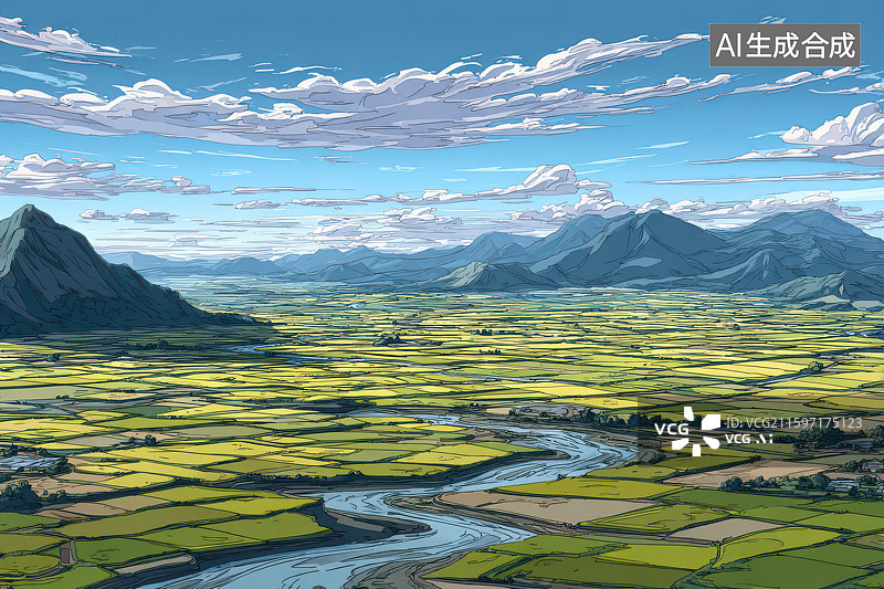 【AI数字艺术】原野河流山脉村落自然风光图图片素材