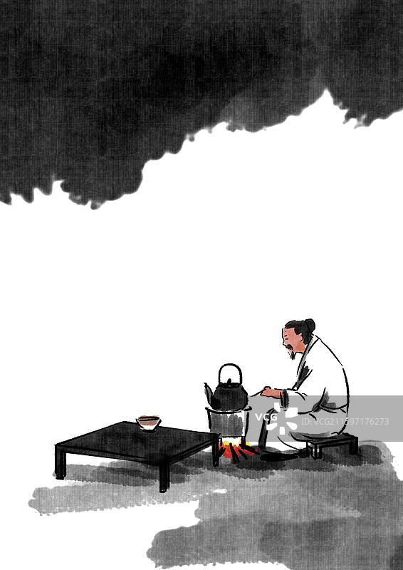 中国风新中式古风古典传统文化国学经典古人古代古时候极简潇洒禅意古意水墨风禅意围炉煮茶人物插画图片素材