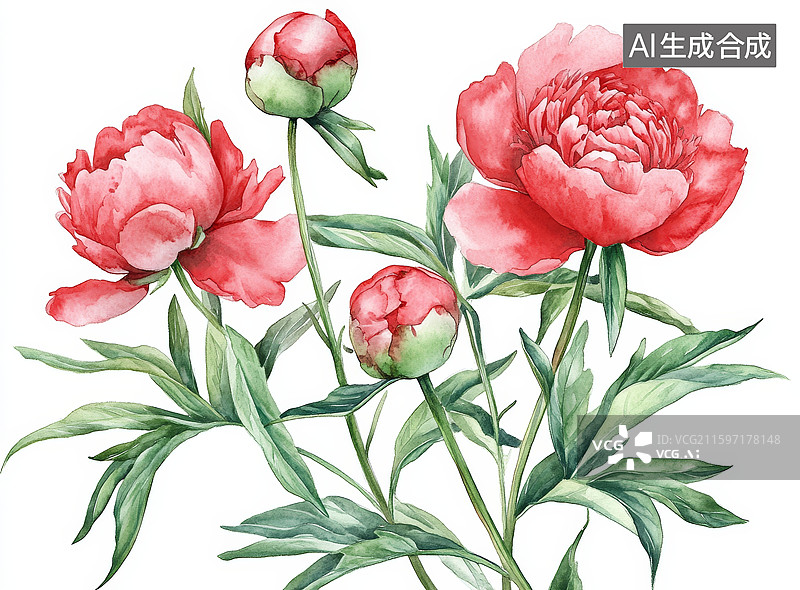 【AI数字艺术】水彩画中的红色牡丹花图片素材